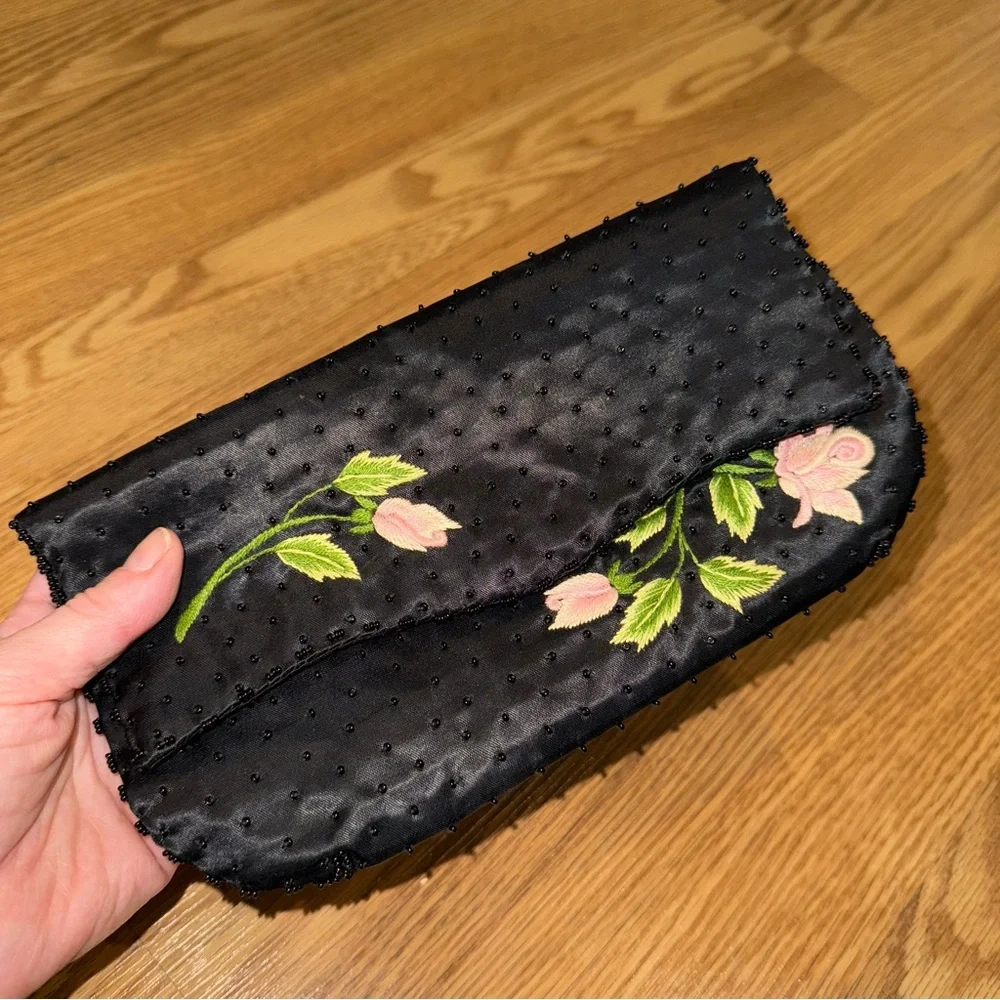 Vintage Schildkraut‎ Satin Envelope Clutch Beaded Embroidered Made in Hong Kong